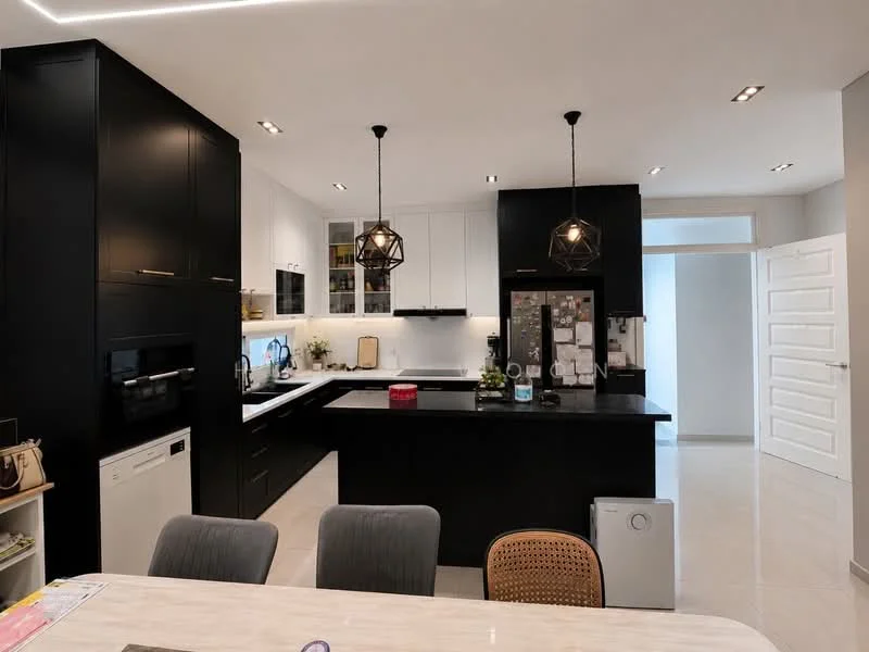 Kitchen features: black cabinetry, white cabinetry, black countertop, stainless-steel fridge, built-in oven, 4-burner gas hob, single-bowl stainless-steel sink, chrome pull-down faucet, pendant lighting, recessed LED downlights, tile backsplash, open shelving, white walls, polished tile flooring; style: modern.
