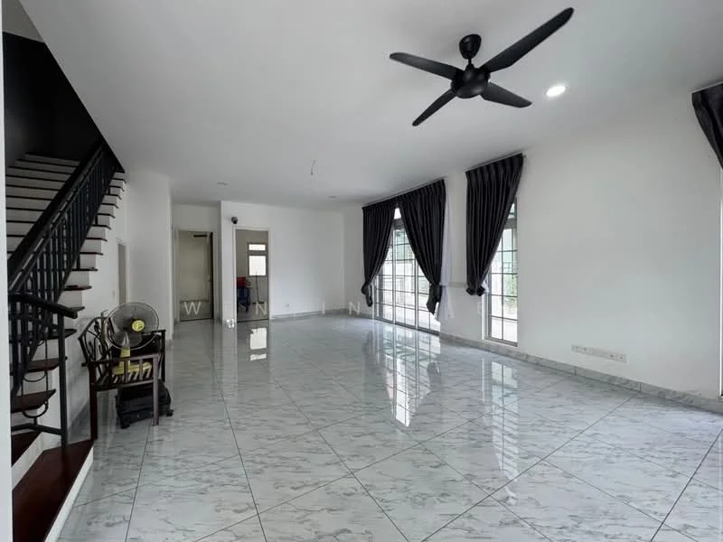 Living features: marble tile flooring, white painted walls, 5-blade ceiling fan, floor-to-ceiling windows, blackout curtains, recessed downlights, staircase with metal railing, open layout, natural light, decorative wall, air conditioning unit; style: modern; view: garden.