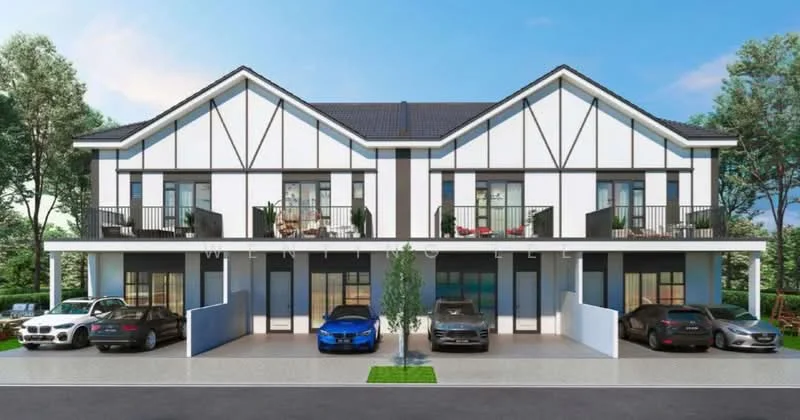 Exterior type: linked terrace house; features: white painted facade, black accents, pitched tile roof, two-storey structure, balconies with glass railings, manicured landscaping, driveway with interlocking pavers, car porch with awning, multiple parking spaces, surrounded by mature trees; style: modern.