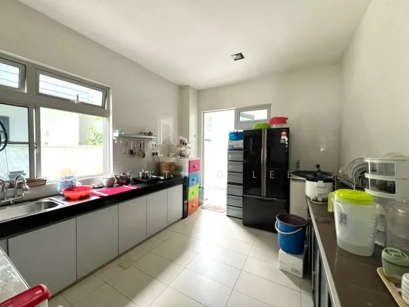 Kitchen features: single-bowl stainless-steel sink, chrome pull-down faucet, black refrigerator, grey cabinetry, white countertop, tile flooring, window with sheer curtains, kitchen island, colorful storage boxes, open shelving, wall-mounted storage rack, door leading outside; style: modern; view: garden.