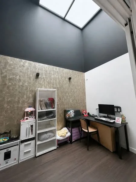 Study features: dark accent wall, light grey painted walls, skylight, wooden flooring, built-in desk, computer monitor, plastic storage unit, decorative items on desk, chair, toys on floor; style: modern.