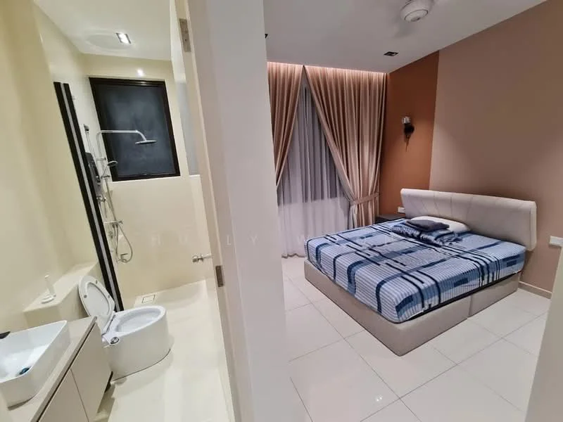 Bedroom features: king-size bed with upholstered headboard, blue striped bedding, floor-to-ceiling window with sheer curtains, wall-mounted sconce, cream painted walls, tile flooring, recessed ceiling lights, decorative wall panel, nightstand, decorative throw pillow; style: modern. Bathroom features: built-in vanity with sink, one-piece toilet, walk-in shower with glass enclosure, chrome shower fixtures, white tiled walls, tile flooring; style: modern.