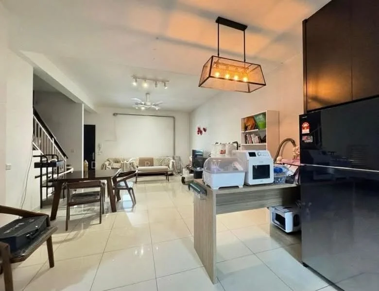 Living features: white painted walls, glossy ceramic tile flooring, 5-blade ceiling fan with light, pendant light fixture, sofa in beige, wooden dining table, 4 dining chairs, black refrigerator, microwave, open shelving, decorative wall art, TV console, area rug; style: modern.