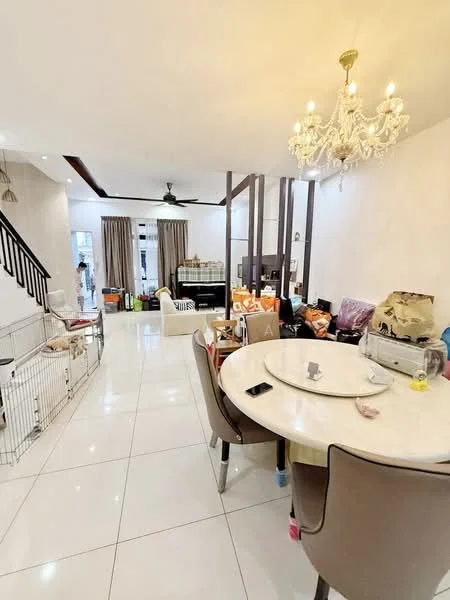 Living features: white painted walls, glossy white tile flooring, chandelier, 5-blade ceiling fan, large windows with curtains, sofa set in neutral color, dining table with round marble top, upholstered dining chairs, decorative items on table, open layout, staircase with wooden railing, area rug; style: modern.