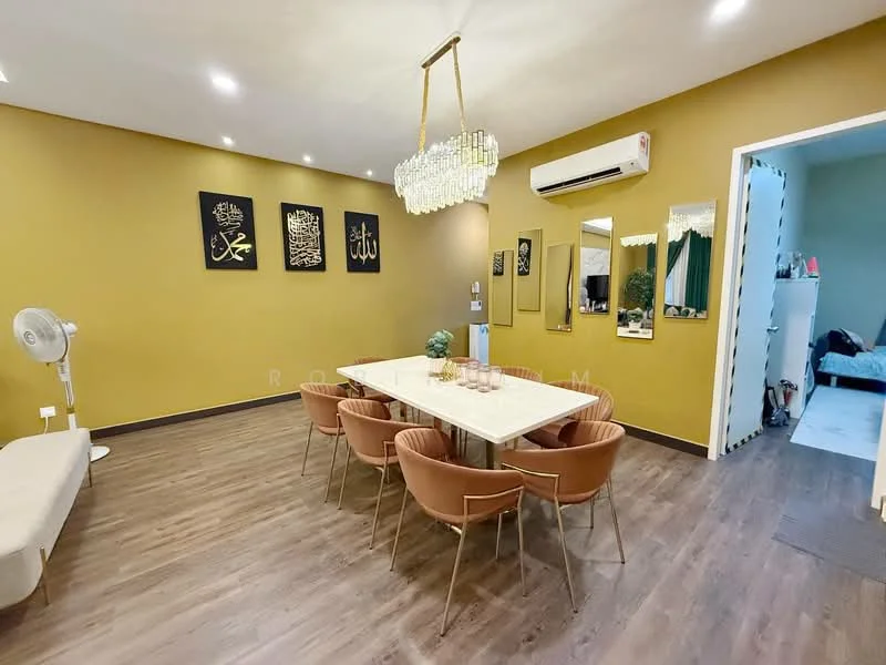 Dining features: 6-seater dining table with marble top, upholstered dining chairs in beige, chandelier with crystal accents, gold painted accent wall, wood laminate flooring, wall-mounted split AC, decorative wall art, ceiling with recessed lighting, floor fan, doorway leading to another room; style: modern.