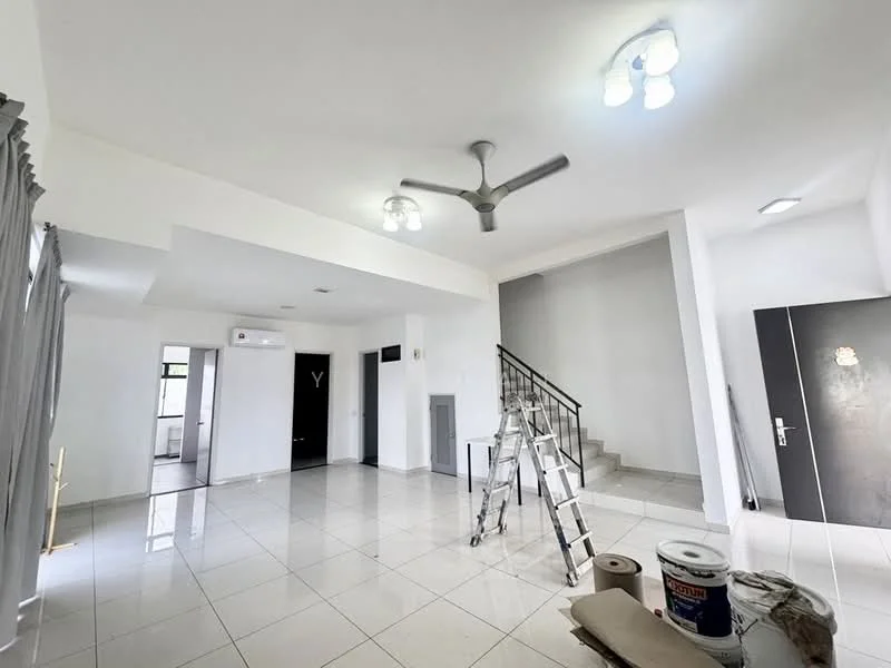Living features: white painted walls, glossy tile flooring, 5-blade ceiling fan with light, recessed downlights, large windows with sheer curtains, staircase leading to upper floor, open layout, wall-mounted air conditioning unit, decorative wall panel, painted door, ladder, paint can; style: modern.