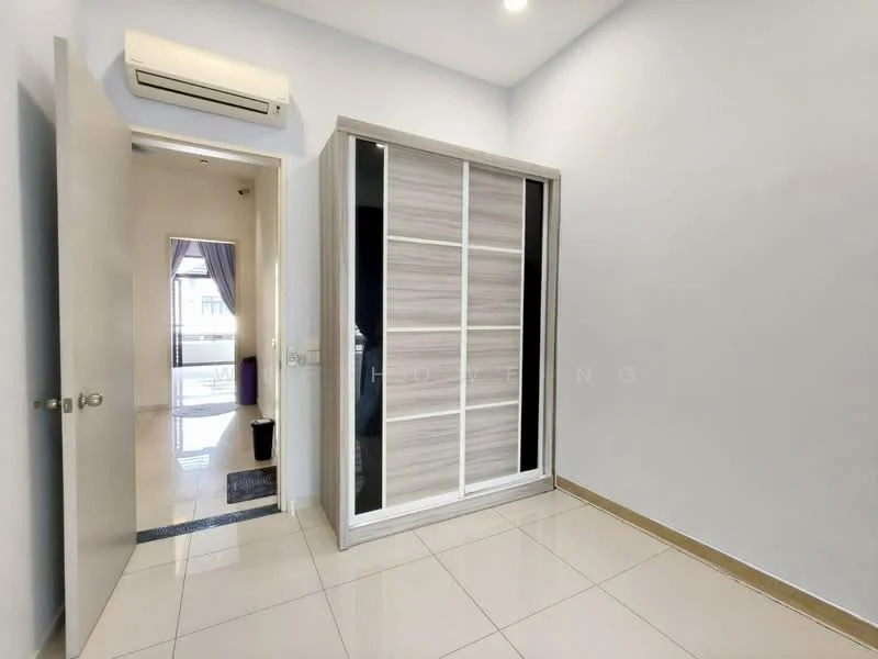 Room features: white painted walls, glossy tile flooring, sliding wardrobe with mirrored doors, 1 wall-mounted split AC, door leading to another room, natural light from window, neutral color scheme, recessed ceiling lights; style: modern.