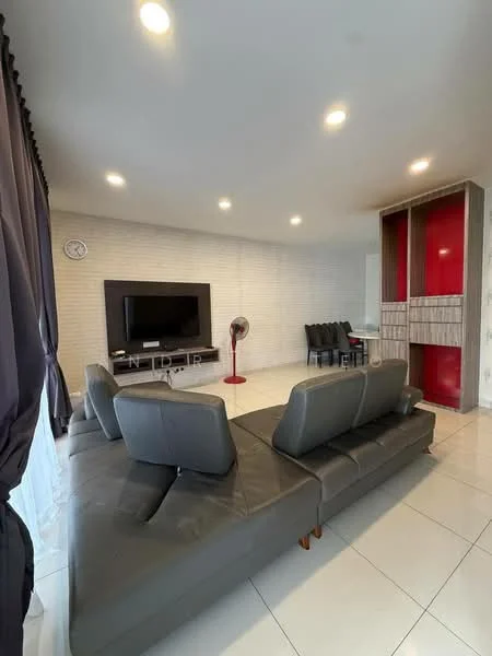 Living features: grey leather sectional sofa, wall-mounted TV, TV console, white painted walls, recessed LED downlights, large window with sheer curtains, white tiled flooring, decorative wall with red accents, ceiling fan, clock on wall, dining table with black chairs; style: modern.