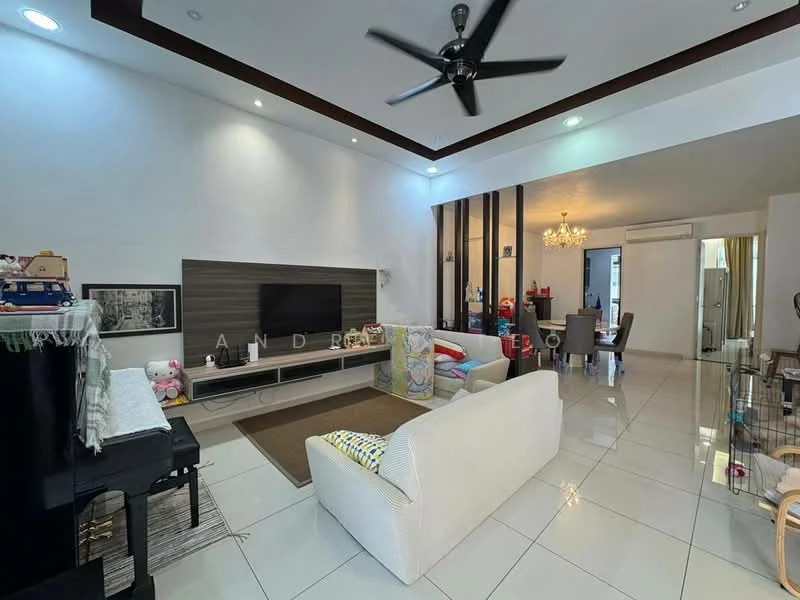 Living features: white painted walls, recessed downlights, dark wood ceiling with tray design, large wall-mounted TV, light-colored sofa, area rug, piano, decorative wall art, coffee table, ceiling fan, open layout to dining area, decorative plants, children's toys, glass dining table with chairs; style: modern.
