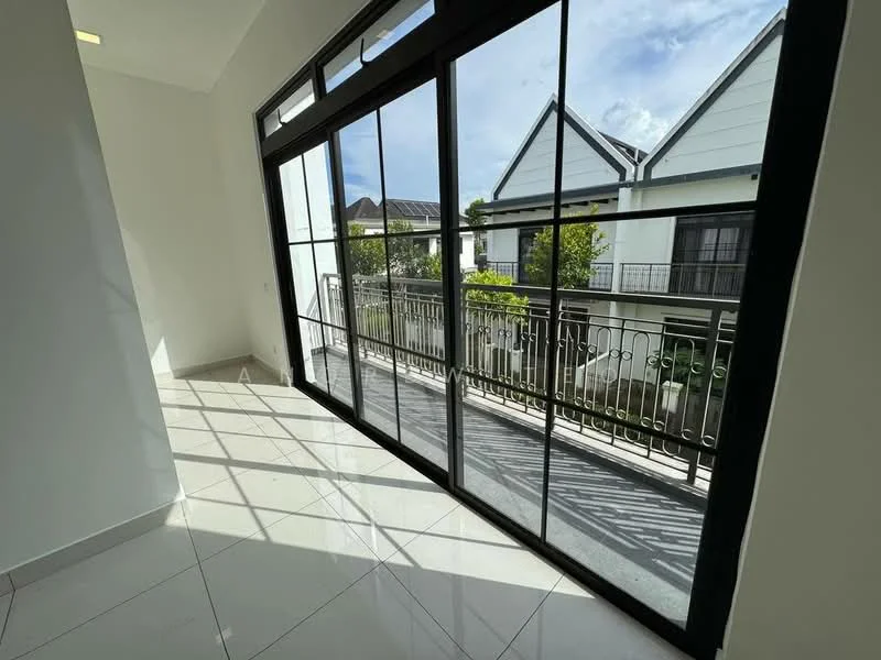Room features: large floor-to-ceiling windows, white walls, glossy white tile flooring, balcony access, natural light, metal railing, view of exterior landscaping, modern design; style: modern; view: garden.