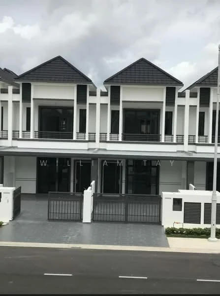 Exterior type: linked terrace house; features: white painted facade, black window frames, pitched tile roof, two-storey structure, manicured landscaping, paved driveway, gated entrance, balconies on upper level; style: modern.