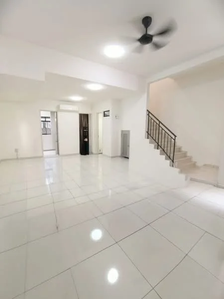 Room features: white painted walls, glossy white tile flooring, 5-blade ceiling fan, recessed downlights, staircase with metal railing, open layout, large windows, doorway leading to another room; style: modern.