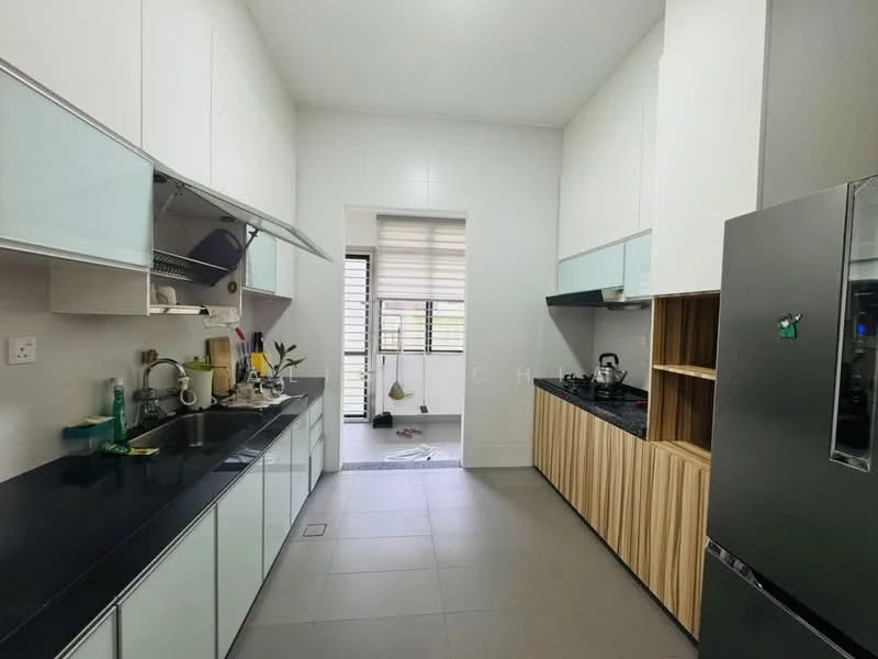 Kitchen features: black granite countertop, white cabinetry with glass panels, wooden cabinetry, stainless-steel fridge, built-in oven, stainless-steel sink, chrome pull-down faucet, ceramic tile flooring, wall-mounted range hood, window with blinds, open layout to dining area, kitchen island, splashback with white tiles; style: modern.