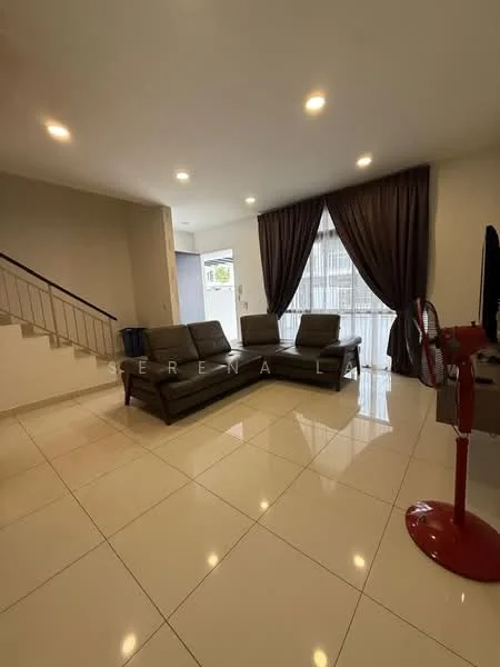 Living features: L-shape sectional sofa in grey, white walls, glossy tile flooring, recessed downlights, floor-to-ceiling windows, sheer curtains, decorative wall fan, TV console, open layout, staircase in background; style: modern.