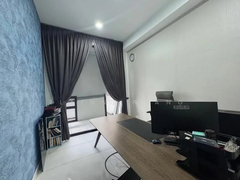 Study features: blue accent wall, white painted walls, grey curtains, large window with natural light, desk with computer setup, wooden desk, bookshelf with books, tile flooring, clock on the wall; style: modern.