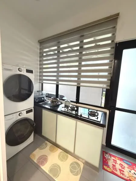 Laundry features: white front-load washing machine, white tumble dryer, black countertop, gas stove with two burners, grey tile flooring, roller blinds on window, sink, kitchen mat with pattern; style: modern.