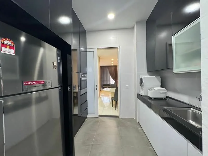 Kitchen features: black cabinetry, white walls, grey tile flooring, stainless-steel fridge, single-bowl stainless-steel sink, chrome pull-down faucet, built-in microwave, glass-front upper cabinets, countertop with black finish, door leading to dining area; style: modern.