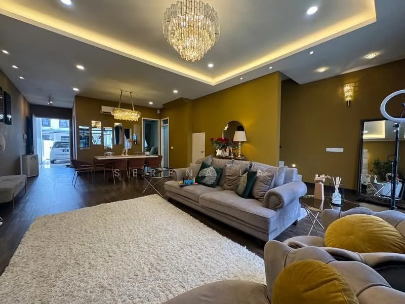 Living features: 3-seater fabric sofa in grey, area rug with geometric pattern, chandelier, recessed LED downlights, wall-mounted TV, TV console, decorative mirror, coffee table, wooden flooring, feature wall in mustard yellow, dining table with chairs visible in background, floor-to-ceiling windows, sliding glass door; style: modern.