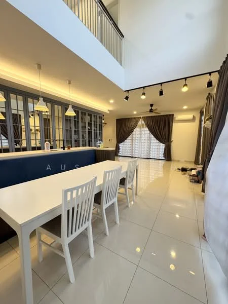 Dining features: white dining table, 4 white dining chairs, grey cabinetry, glass-front upper cabinets, pendant lighting, recessed downlights, floor-to-ceiling windows, curtains in dark brown, polished tile flooring, open layout to kitchen, air conditioning unit, decorative wall with blue accent; style: modern.