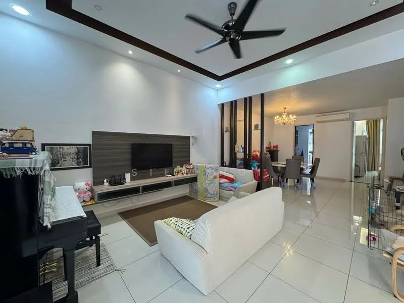 Living features: white painted walls, dark wood ceiling with recessed lighting, polished ceramic tile flooring, 5-blade ceiling fan with light, wall-mounted TV, entertainment unit, sofa in cream fabric, coffee table, decorative wall art, area rug, piano, decorative plants, dining area visible in background, air conditioning unit; style: modern.