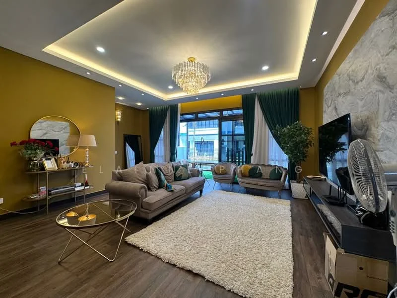 Living features: chandelier, recessed downlights, green curtains, sheer curtains, floor-to-ceiling windows, light brown fabric sofa, 2 beige armchairs, coffee table with glass top, area rug with fluffy texture, TV console, wall-mounted TV, decorative wall with stone cladding, decorative mirror, potted plants; style: modern; view: garden.