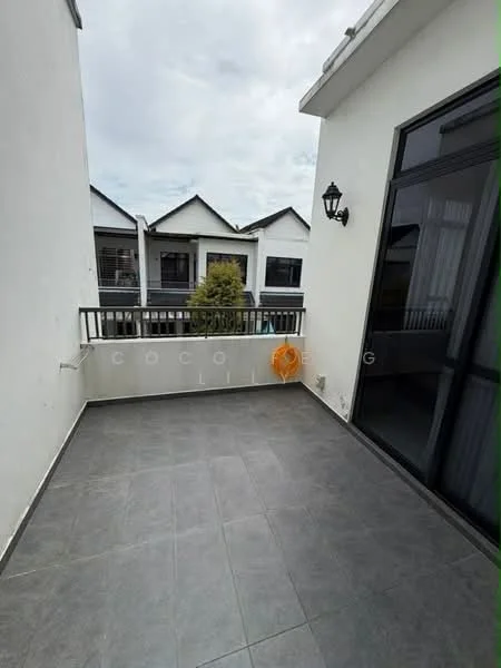 Room features: grey tile flooring, white painted walls, black railing, outdoor light fixture, view of neighboring houses; style: modern; view: courtyard.