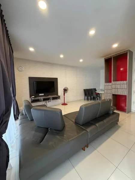 Living features: grey leather sectional sofa, wall-mounted TV, TV console, white painted walls, recessed ceiling lights, large window with sheer curtains, ceramic tile flooring, decorative wall clock, standing fan, dining table with chairs in background, accent wall with red paneling; style: modern.