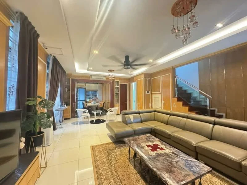 Living features: L-shape sectional sofa in grey, coffee table with marble top, area rug with geometric pattern, wall-mounted TV, built-in shelving unit, ceiling fan with light, recessed downlights, large windows with sheer curtains, white tiled flooring, decorative wall paneling, potted houseplant, staircase with wooden railing; style: modern.