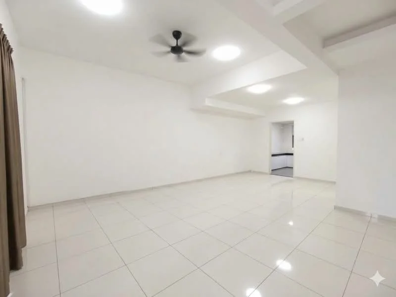 Living features: white painted walls, glossy ceramic tile flooring, 5-blade ceiling fan with light, recessed LED downlights, curtains, open layout, no visible furniture, neutral color scheme; style: modern.