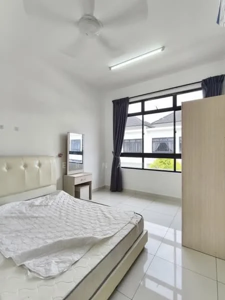 Bedroom features: queen-size bed, upholstered headboard, white bed linens, ceiling fan, floor-to-ceiling windows, blackout curtains, light-colored walls, tile flooring, mirror on dresser, wooden wardrobe; style: modern; view: garden.