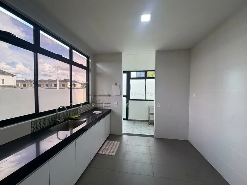 Kitchen features: black granite countertop, white cabinetry, single-bowl stainless-steel sink, chrome pull-down faucet, tile backsplash, large windows with black frames, grey tile flooring, recessed ceiling lights; style: modern; view: garden. Laundry features: white walls, grey tile flooring, window for natural light.