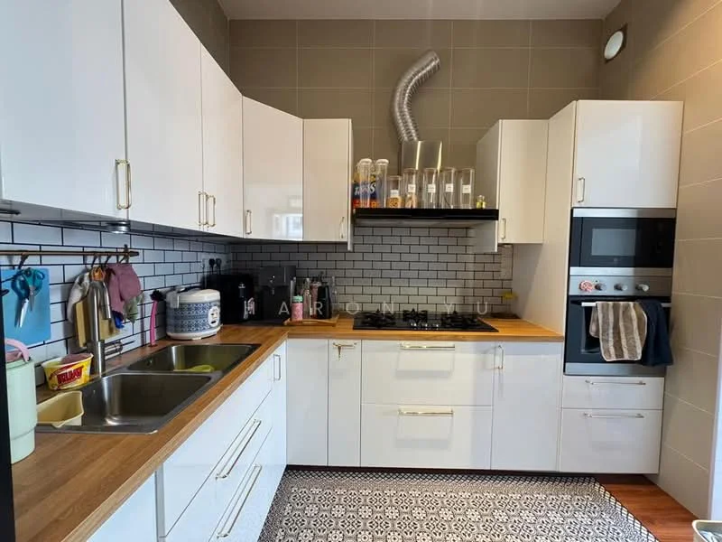 Kitchen features: white flat-panel cabinets, wood countertop, stainless-steel single-bowl sink, chrome pull-down faucet, black gas hob with 4 burners, built-in oven, white subway tile backsplash, black range hood, refrigerator, kitchen towels, decorative rug with geometric pattern, wall-mounted shelving, various kitchen appliances, hanging utensils; style: modern.