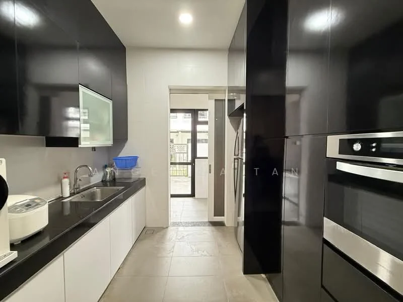 Kitchen features: black laminate cabinetry, white lower cabinets, stainless-steel built-in oven, stainless-steel microwave, stainless-steel fridge, single-bowl stainless-steel sink, chrome pull-down faucet, ceramic tile flooring, recessed LED downlights, window with view to exterior, countertop with black finish, kitchen island, open shelving, wall-mounted cabinets; style: modern.
