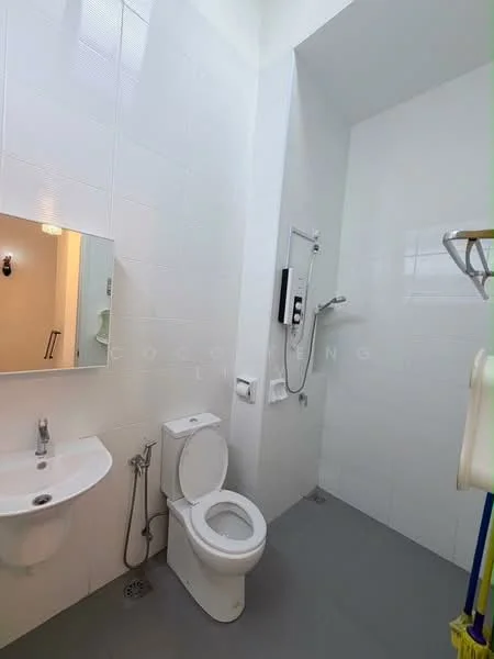 Bathroom features: white tiled walls, grey tile flooring, single-sink vanity with mirror, one-piece toilet, handheld shower, wall-mounted shower control, chrome towel rack, wall-mounted soap dispenser; style: modern.