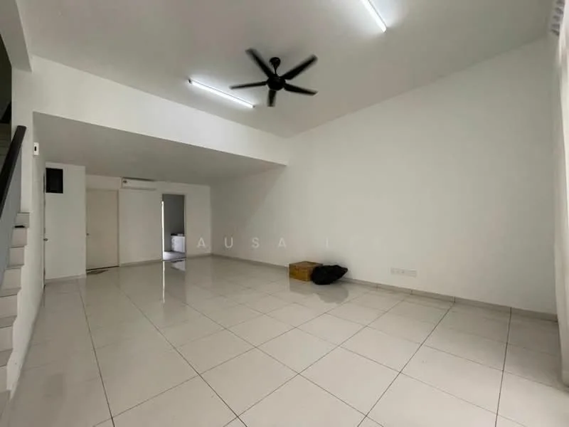 Living features: white painted walls, polished ceramic tile flooring, 5-blade ceiling fan, recessed LED downlights, large open space, staircase leading to upper floor, window with natural light, minimalist decor; style: modern.