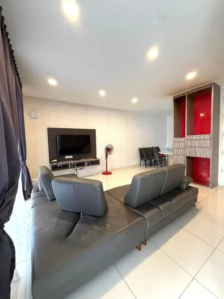 Living features: grey leather sectional sofa, wall-mounted TV, TV console, white tiled flooring, recessed LED downlights, decorative wall with grey and red accents, black dining chairs, clock on wall, standing fan; style: modern.