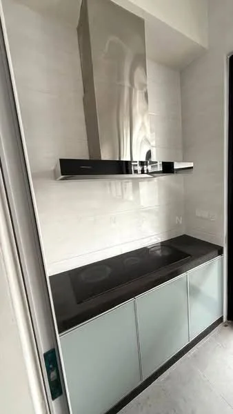 Kitchen features: stainless-steel range hood, black countertop, glass-front cabinetry, white tiled walls, built-in induction cooktop, modern cabinetry design, minimalist style, recessed lighting; style: modern.