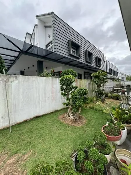 Exterior type: detached bungalow; features: grey horizontal cladding, flat roof, manicured lawn, landscaped garden with shrubs, potted plants, fenced yard, outdoor seating area, multiple windows, covered walkway, modern architectural design; style: modern.