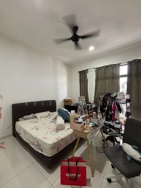 Bedroom features: queen-size bed with floral bedding, 5-blade ceiling fan, white painted walls, white tile flooring, floor-to-ceiling windows with sheer curtains, desk with makeup and personal items, clothing rack with hanging clothes, black office chair, decorative pillows, bedside table, area rug; style: modern.