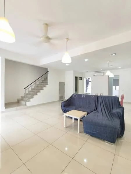 Living features: white painted walls, polished ceramic tile flooring, 5-blade ceiling fan, 2 pendant lights, sofa covered with blue fabric, coffee table, staircase with metal railing, air conditioning unit; style: modern.