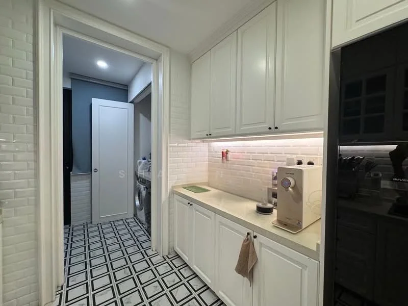 Kitchen features: white shaker cabinets, black countertop, white subway tile backsplash, stainless-steel sink, chrome pull-down faucet, built-in coffee machine, built-in washing machine, black refrigerator, geometric patterned floor tiles, recessed LED downlights; style: modern. Laundry features: built-in washing machine, white walls, grey accent wall.