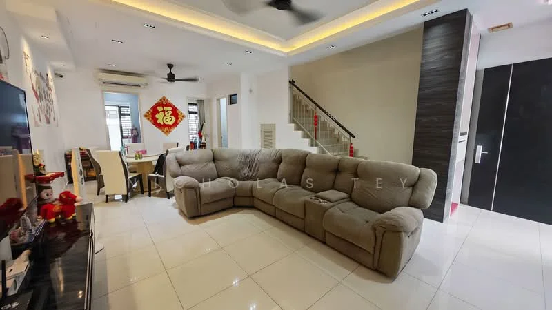 Living features: L-shape sectional sofa in beige, coffee table, wall-mounted TV, white tiled flooring, ceiling fan, recessed downlights, decorative wall art, open layout to dining area, staircase in background, window with sheer curtains; style: modern.