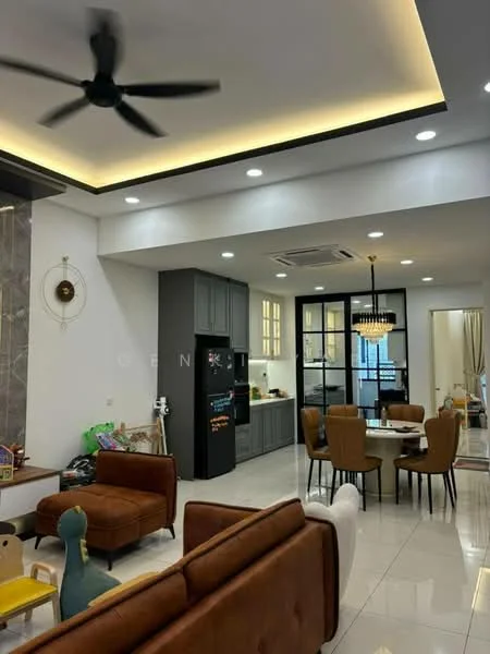 Living features: 5-blade ceiling fan with light, recessed LED downlights, cream painted walls, white tiled flooring, brown leather 3-seater sofa, brown leather armchair, round dining table with upholstered chairs, black glass sliding door, kitchen area with grey cabinetry, stainless-steel fridge, decorative wall clock, wall-mounted TV, decorative mirror; style: modern. Kitchen features: grey cabinetry, stainless-steel fridge, white countertop, built-in oven, microwave, open shelving; style: modern.
