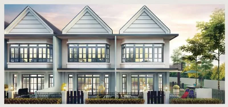 Exterior type: linked terrace house; features: white painted facade, grey cladding, gabled roof, large windows with black frames, front porch area, manicured hedges, fenced front yard, outdoor seating area, play area visible in background, landscaped garden, two-storey structure, symmetrical design; style: modern.