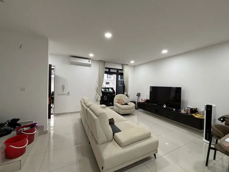 Living features: white painted walls, polished ceramic tile flooring, recessed LED downlights, wall-mounted TV, black TV console, 3-seater fabric sofa in cream, armchair, air conditioning unit, large windows with city view, decorative wall clock, open space layout; style: modern; view: city.