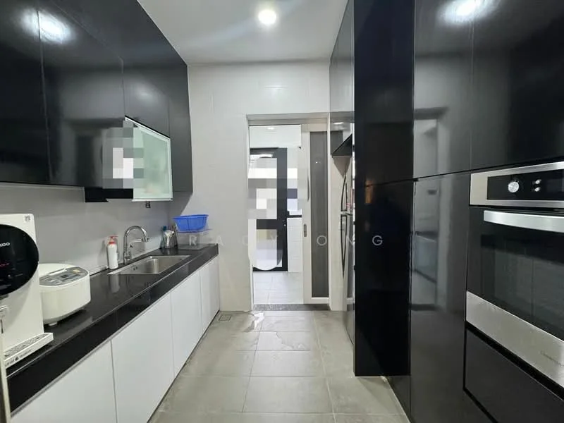 Kitchen features: black high-gloss cabinetry, white lower cabinetry, stainless-steel sink, chrome pull-down faucet, built-in oven, built-in microwave, stainless-steel fridge, ceramic tile flooring, recessed LED downlights, wall-mounted kitchen appliances, countertop space, open shelving, kitchen island, tile backsplash; style: modern.