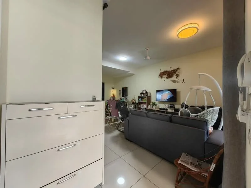 Living features: grey fabric sofa, coffee table, wall-mounted TV, ceiling fan, recessed lighting, decorative wall art, tile flooring, open layout, entertainment unit, hanging chair, area rug; style: modern. Room features: cream painted walls, built-in cabinetry, drawers.