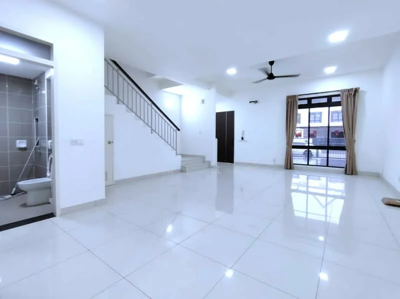 Living features: white painted walls, glossy ceramic tile flooring, 5-blade ceiling fan with light, large windows with sheer curtains, sliding glass door, natural light from windows, open layout, staircase with metal railing; style: modern. Bathroom features: grey tiled walls, ceramic tile flooring, shower with glass enclosure, toilet, wall-mounted faucet, mirror, built-in shelving; style: modern.