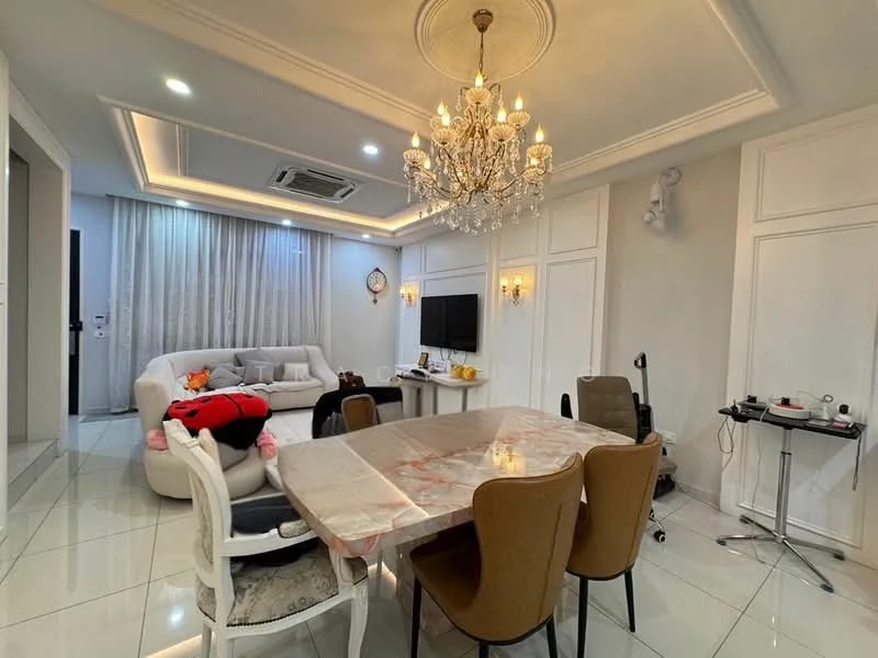 Living features: white painted walls, tray ceiling with chandelier, recessed downlights, large window with sheer curtains, marble tile flooring, L-shape sectional sofa in white, TV mounted on wall, decorative wall paneling, coffee table with marble top, dining table with marble top, 4 upholstered dining chairs, decorative mirror, wall-mounted air conditioning unit; style: modern.