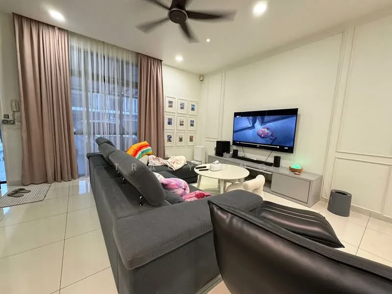 Living features: grey fabric sectional sofa, white round coffee table, black leather armchair, wall-mounted TV, recessed downlights, 5-blade ceiling fan, floor-to-ceiling windows with sheer curtains, cream painted walls, glossy tile flooring, decorative wall art in frames, area rug with geometric pattern; style: modern.
